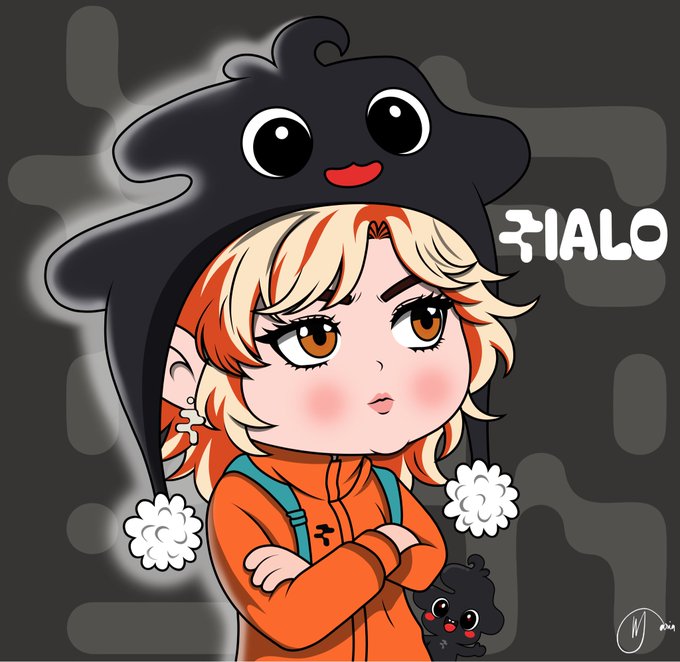 An anime-style illustration of a character with blonde and orange hair wearing an orange hoodie, accompanied by a black cat-like creature with big eyes perched on their head, with "TIALO" written in the top right.