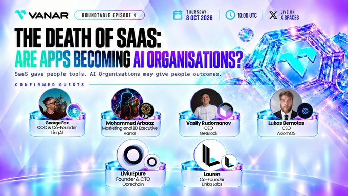 A promotional graphic for Vanar Roundtable Episode 4 titled 'THE DEATH OF SAAS: ARE APPS BECOMING AI ORGANISATIONS?' scheduled for Thursday, 8 Oct 2026, listing confirmed guests including George Fox (LinqAI), Mohammed Arbaaz (Vanar), Vasily Rudomanov (GetBlock), Lukas Bernotas (Axonomos), Liviu Epure (Qorechain), and Lauren (Linka Labs).