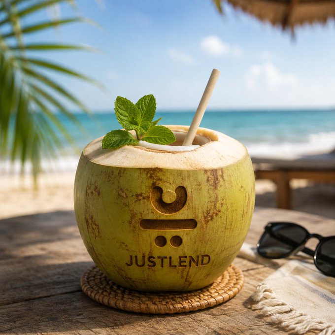 A fresh young coconut garnished with mint and a bamboo straw sits on a woven coaster at a beachside table, with the word "JUSTLEND" engraved on its shell. The tropical refreshment visually mirrors the post's message about thoughtful, relaxed capital management—suggesting that a well-planned DeFi exit on JustLend DAO is as essential and refreshing as enjoying a coconut by the sea.