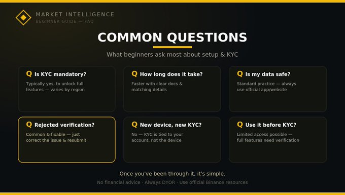 The image is a "Market Intelligence — Beginner Guide FAQ" graphic titled "Common Questions," listing six frequently asked questions about Binance account setup and KYC verification: whether KYC is mandatory (typically yes, varies by region), how long verification takes, data safety (standard practice, always use official apps), what to do if verification is rejected (fixable by correcting issues and resubmitting), whether new devices require new KYC (no, KYC is tied to the account), and whether the platform can be used before completing KYC (limited access until full verification). A footer disclaimer notes "No financial advice : Always DYOR : Use official Binance resources." The graphic visually summarizes the post's recap of common beginner concerns during the Binance onboarding process.