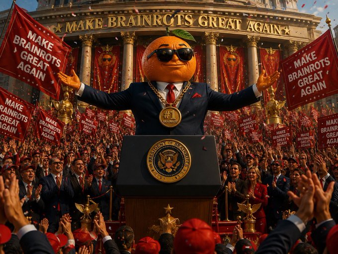 A satirical political rally-style image featuring an orange mascot wearing sunglasses and a suit standing at a podium emblazoned with "Make Brainrots Great Again" banners, surrounded by a cheering crowd waving matching flags and a "Brainrot" medallion, parodying political campaigns to hype the meme token $UDIN and its upcoming court case date.
