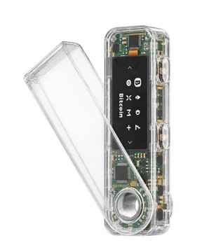A Bitcoin hardware wallet device with a transparent casing, exposing the internal circuit board and displaying the '₿' Bitcoin logo on its OLED screen alongside navigation buttons.