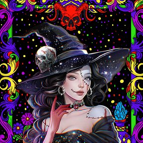 A colorful psychedelic illustration of a witch with a galaxy-patterned pointed hat, dark hair, and stitched facial features, set against a vibrant floral border with a red ram skull and moon motifs.