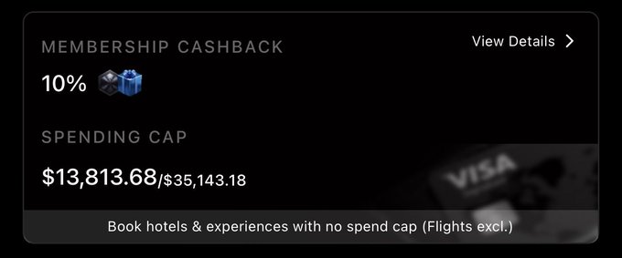 The image shows a Tria membership dashboard displaying 10% cashback benefits with a spending cap of $13,813.68 out of $35,143.18, supporting the post's claim about earning 10% cashback through Tria's premium card by leveraging their promotional offers.