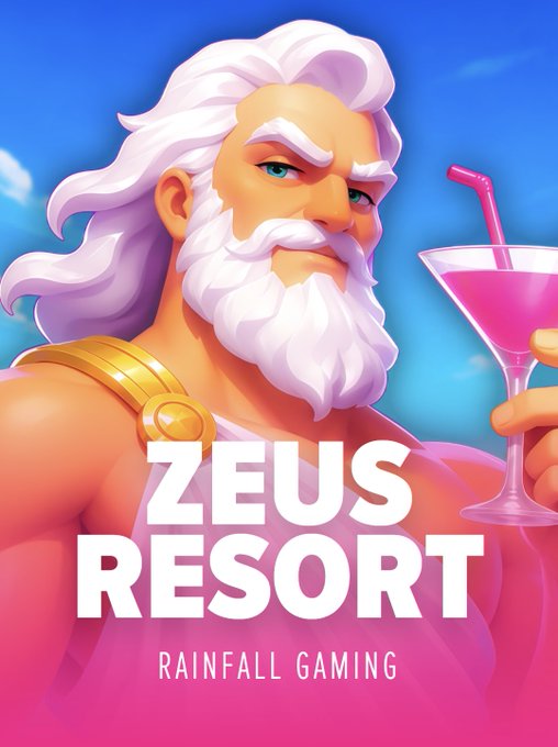 Promotional artwork for "ZEUS RESORT" by Rainfall Gaming features a muscular, bearded Greek god with flowing white hair and beard holding a pink cocktail against a tropical blue background, fitting the luxurious resort theme of their $50 USDC giveaway promotion.