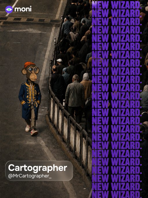 A person wearing a monkey costume with goggles and an orange cap walks down a street alongside a crowd, with "NEW WIZARD" repeated in purple text down the right side and the moni logo in the top left. The image promotes @MrCartographer_ as a new Moni "Wizard," tying the monkey mascot in a wizard hat (referenced in the caption) to the brand's NFT membership tier.