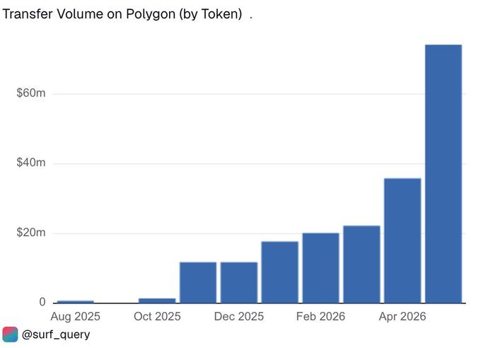The image features a bar graph displaying an increase in Polygon's circulation over time, with the x-axis showing months starting from January through December, and the y-axis indicating the number of polygons in circulation for each respective month. The graph starts at $0 and ends at $74M (circulation), clearly showing the growth in popularity of the Polygon coin. In addition to the graph, there is text that reads: "transfer volume on Polygon crossed $1.8B in May", which highlights a significant increase in polygon circulation during May compared to other months.