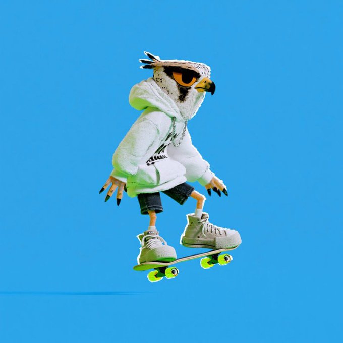 A whimsical owl-headed figure wearing a white hoodie and sneakers, riding a skateboard against a bright blue background.