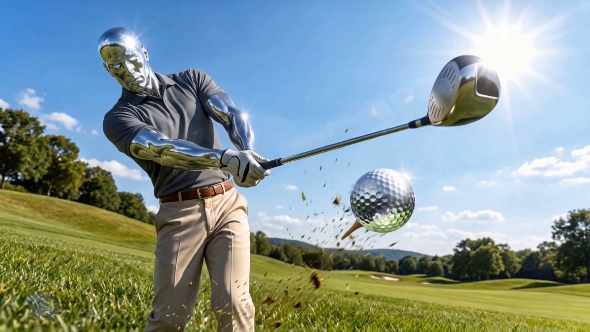 A 3D rendered image of a chrome/silver humanoid figure playing golf on a sunny green course, with a golf ball on a tee and grass flying from the swing impact.