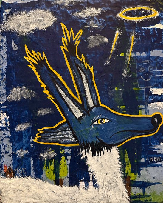 A folk-art style painting features a blue canine-like creature with white horns and a halo, labeled "SHIET," against a dark blue night sky background with the word "NOW" visible.
