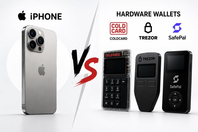 A "vs" comparison graphic contrasts an iPhone against hardware wallets COLDCARD, TREZOR, and SafePal. The image visually reinforces the post's argument that hardware wallets have suffered major security breaches, suggesting an iPhone as a safer alternative.