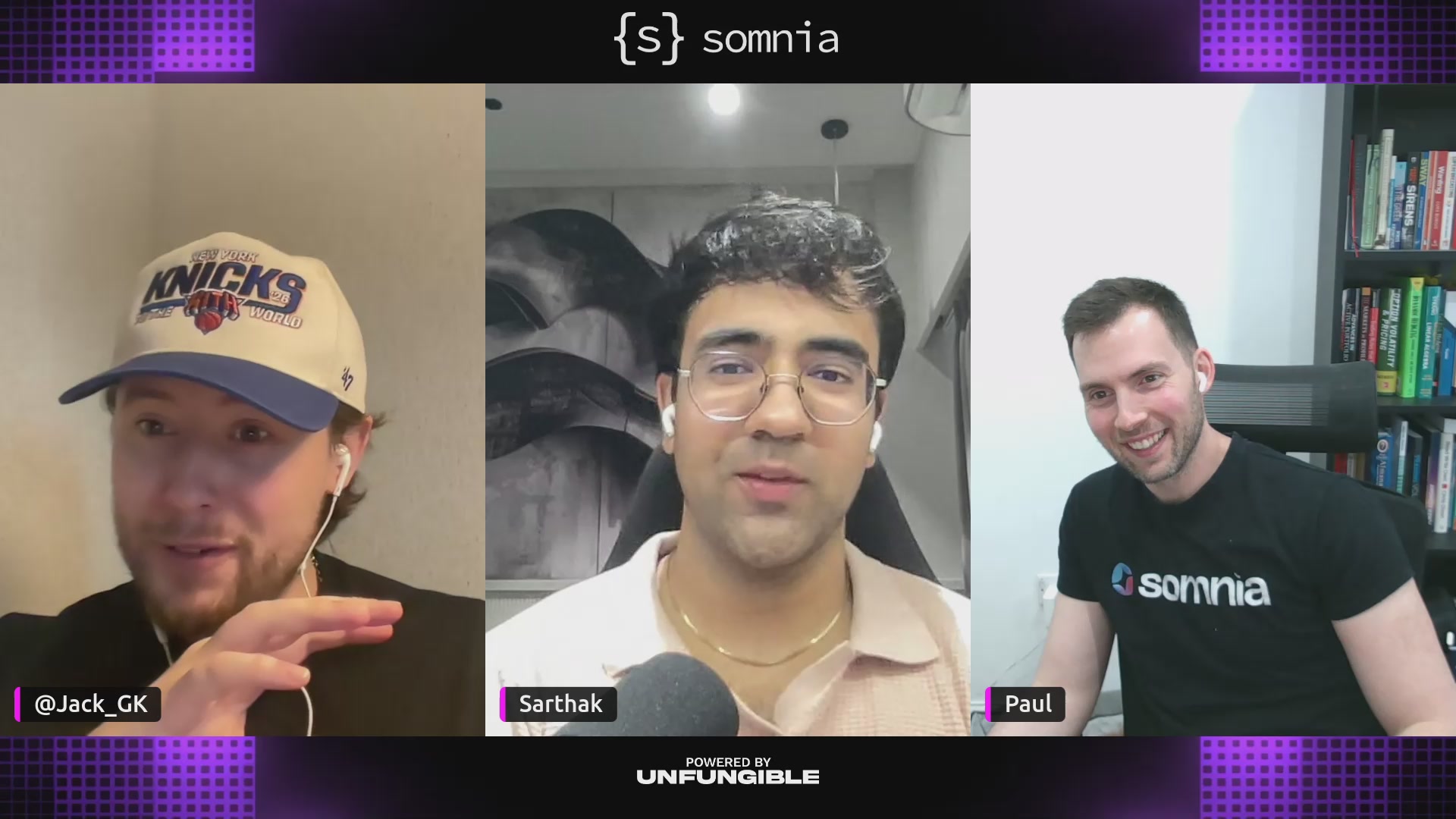 The image shows three men wearing baseball caps, with one man wearing a white cap and two others wearing blue hats. They are all smiling at the camera while sitting around a table or desk. The background of the image features purple and black colors, which is consistent with the caption "Somnia x @lifiprotocol: Bridging Without Friction".