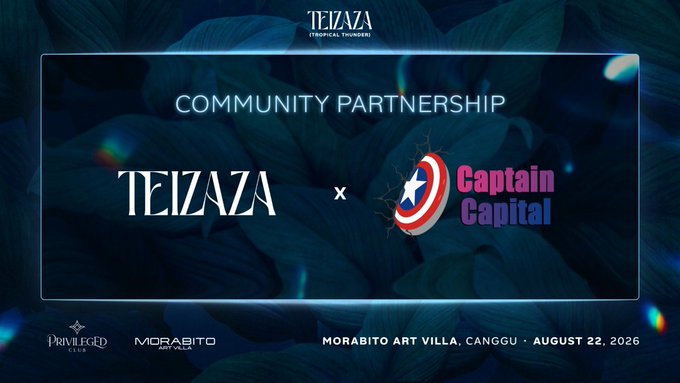 A promotional graphic announcing a community partnership between TEIZAZA (Tropical Thunder) and Captain Capital for an event at Morabito Art Villa in Canggu on August 22, 2026, coinciding with Coinfest Asia, featuring logos for Privilege Club and Morabito Bali Club.