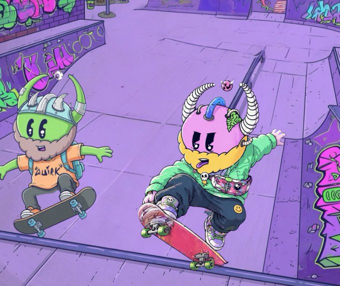 A colorful illustration of two horned characters skateboarding in a graffiti-covered skate park, one in an orange "QUIRK" shirt and the other in a green hoodie with a "MR. MEN" fanny pack.