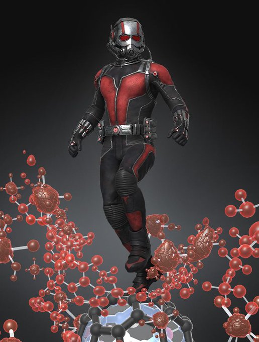 A figure in a red and black Ant-Man suit stands on a molecular structure with red spheres, with ants and geometric shapes around them.
