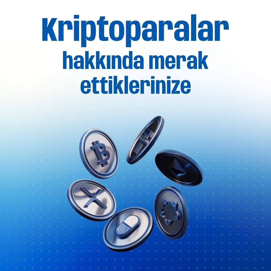 A promotional graphic for Bloki features a ring of floating cryptocurrency coins—including Bitcoin, Ethereum, XRP, Tether, USDC, and Polygon—against a blue dotted background, beneath the Turkish headline "Kriptoparalar hakkında merak ettiklerinize" ("To what you wonder about cryptocurrencies"), tying directly to Bloki's pitch as an AI assistant that delivers instant answers about the crypto market.