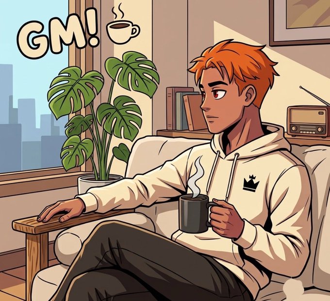 An illustrated orange-haired character in a cream hoodie relaxes on a couch holding a steaming black mug, with a "GM! ☕" greeting displayed near a window and potted plant.