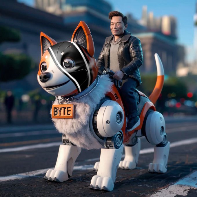 A 3D rendered image of a man riding a robotic dog-like creature with a license plate that reads 'BYTE' down its side.