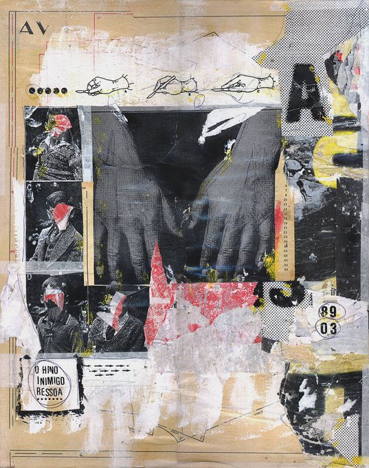 A mixed-media collage artwork featuring red, black, white, and yellow accents with film strip imagery, halftone patterns, and the text "O HINO INIMIGO RESSOA" alongside "89 03" and "ΔV," matching the Tezos NFT edition of 9/10 referenced in the post.