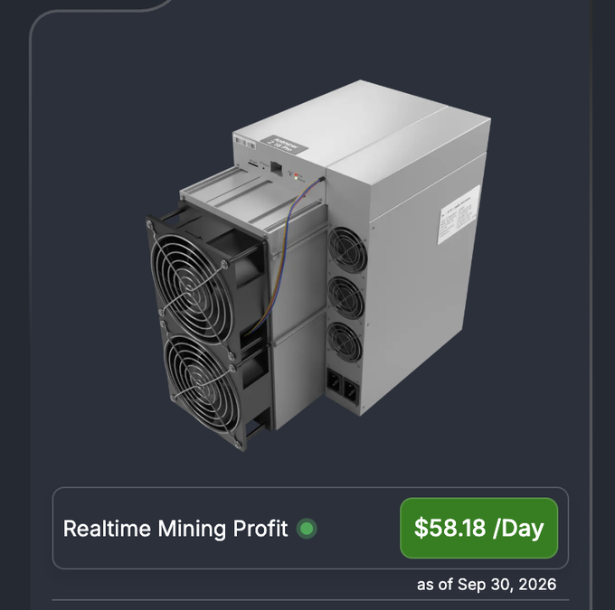 An image of a cryptocurrency mining rig displaying 'Realtime Mining Profit' of '$58.18 /Day' as of 'Sep 30, 2026'.