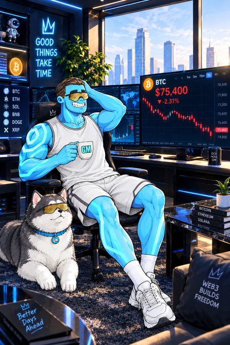 An anime-style illustration of a blue-skinned character with a 'GM' tank top sitting in a crypto trading setup, with BTC showing $75,400 and a -2.31% drop on the monitor, accompanied by a dog wearing sunglasses, and a 'GOOD THINGS TAKE TIME' sign.