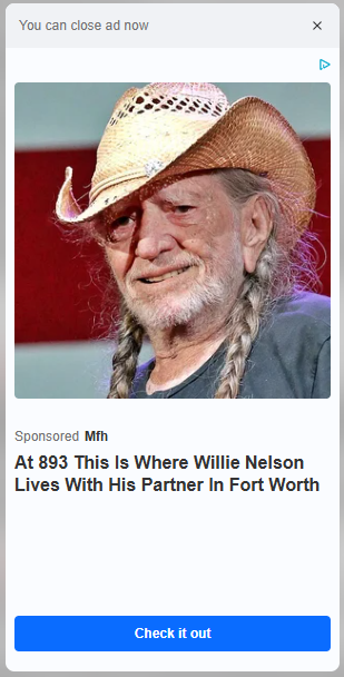 A sponsored ad featuring Willie Nelson in a cowboy hat reads "At 893 This Is Where Willie Nelson Lives With His Partner In Fort Worth." The image is unrelated to the post about trading $VIBE to a $115K market cap for 5.2x gains, appearing as a typical clickbait advertisement that has no connection to cryptocurrency or trading.
