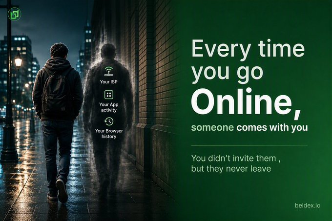 A privacy-focused advertisement featuring a man walking down a dark street with ghostly icons labeled 'Your ISP', 'Your App activity', and 'Your Browser history', alongside the text 'Every time you go Online, someone comes with you You didn't invite them, but they never leave' for beldex.io.