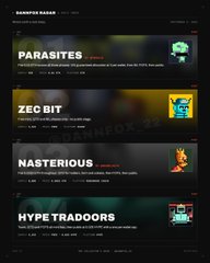 Dark-themed webpage listing games with titles including PARASITES, ZEC BIT, NASTERIOUS, and HYPE TRADOURS, each with descriptions and icons.
