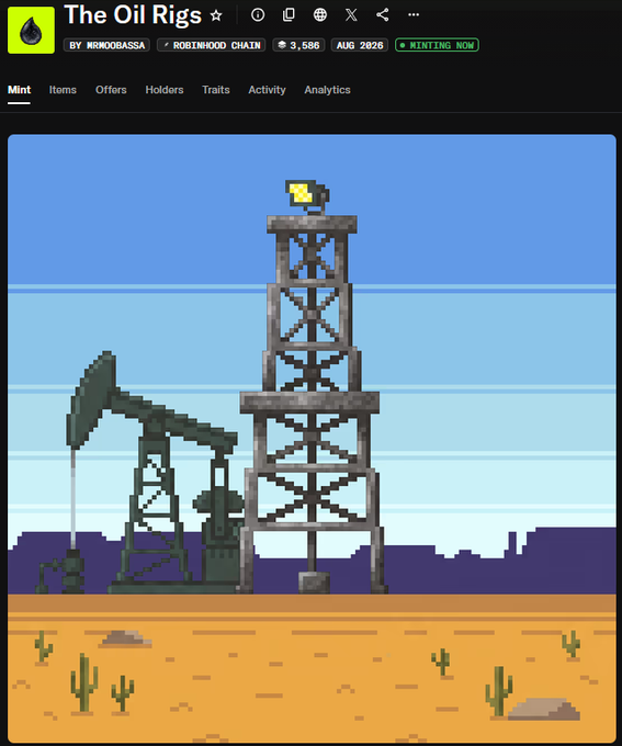 This NFT collection titled "The Oil Rigs" by mrnoobassa on the Robinhood Chain features a pixel-art image of an oil derrick and pump jack in a desert landscape with cacti, set to mint in August 2026 with 3,586 items. The pixelated oil rig imagery ties directly to the post's reference to "TheSaudisNFT," evoking themes of oil industry culture through retro video game aesthetics.