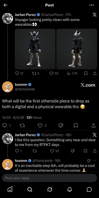 A series of tweets by Jarlan Perez (@JarlanPerez) and toomm (@1omcawte) discussing 'Voyager' wearables, with images of a dark-armored character, and mentions of upcoming physical wearables and NFTs.