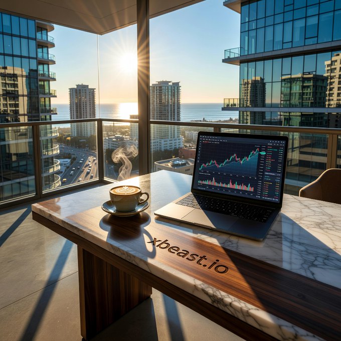 A laptop on a marble-topped table displays a candlestick trading chart, with a steaming cup of coffee beside it and a coastal cityscape visible through floor-to-ceiling windows; the table bears the text 'xbeast.io'.