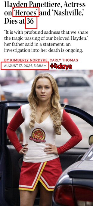 A news article dated August 17, 2026 reports the death of actress Hayden Panettiere at age 36, with red boxes highlighting "Heroes" and "36" alongside an image of her in a cheerleader costume from "Heroes"—visually reinforcing the post's numerological claims tying the date "8/17" to a prediction that "everything will happen" before August 22nd.