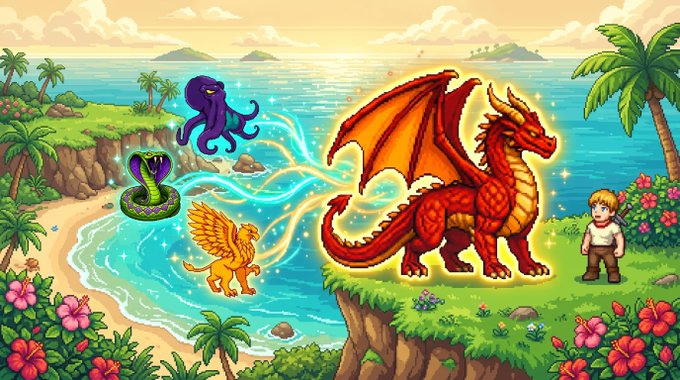 Fantasy digital artwork depicting a red dragon, a purple octopus, a golden griffin, a cobra, and a blonde character on a tropical island with palm trees.