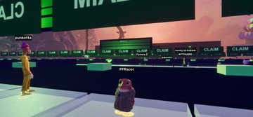 A scene from a virtual reality game shows avatars in a digital environment with green 'CLAIM' stations and a 'MAD' sign in the background.