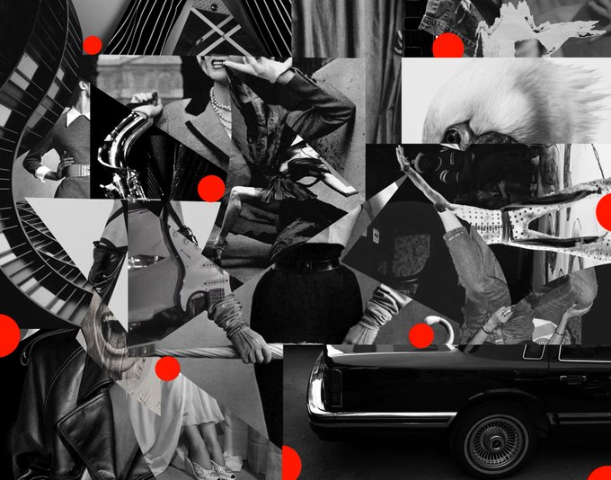 A black-and-white photo collage featuring fragmented images of people, a saxophone, a car, and an eagle, accented with bright red dots and sharp geometric cuts.