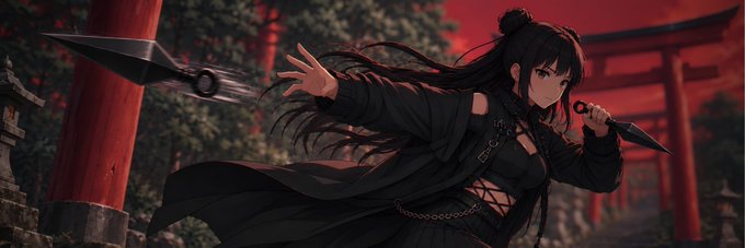 An anime-style warrior girl in dark clothing wields a kunai amid a crimson-shrouded torii gate shrine, channeling the fierce, ninja-inspired energy of an NFT mint launch teased by @0xhazels.