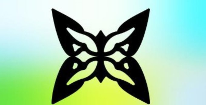A black butterfly logo displayed on a gradient green and blue background.