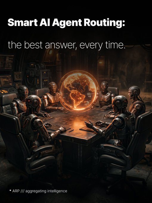 An advertisement titled 'Smart AI Agent Routing: the best answer, every time' depicting a group of robots sitting around a table with a glowing digital globe, with '* ARP /// aggregating intelligence' at the bottom.