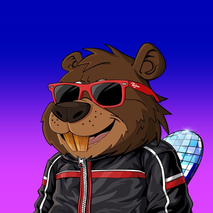 A cartoon bear mascot with red Ray-Ban sunglasses and a black jacket with red and white stripes smiles against a blue-to-purple gradient background.