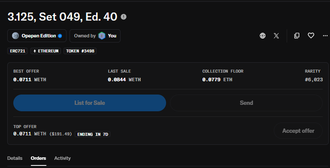 A dark-themed NFT marketplace interface shows an Open Edition token (#3498) with a best offer of 0.0711 METH and a rarity rank of #6,023.