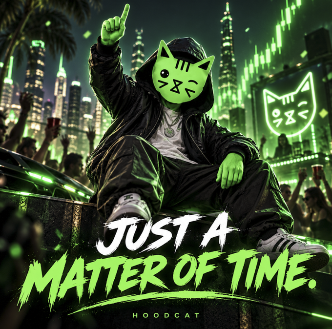 A stylized promotional graphic for HoodCat featuring a figure in a hooded jacket wearing a green cat mask, pointing upward in a neon-lit cityscape with the text 'JUST A MATTER OF TIME.'