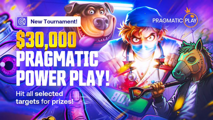 A vibrant promotional banner for a 'Pragmatic Power Play!' tournament by Pragmatic Play featuring a $30,000 prize pool, illustrated with cartoon characters including a pig in scrubs and a masked figure with a weapon.