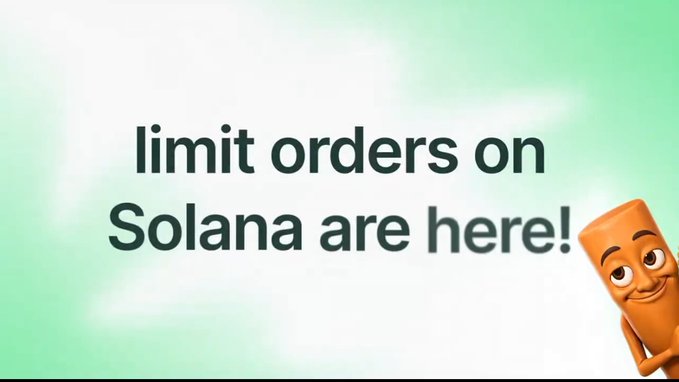 A promotional graphic with a green background features the text "limit orders on Solana are here!" alongside an animated orange character peeking from the right side.