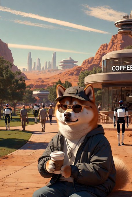 An AI-generated illustration of a Shiba Inu dog wearing a cap, sunglasses, and jacket, holding a cup of coffee in a futuristic desert town setting with a 'COFFEE' shop visible.