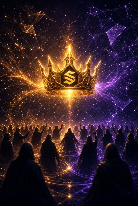 A digital artwork depicting a glowing golden crown featuring a Solana logo floating in a cosmic, network-like void, observed by a group of cloaked figures standing in a circle on a starry, interconnected surface.