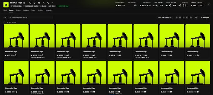 A screenshot of the Undeadized Rigs NFT collection page on Rarible, showing a floor price of 0.055 ETH ($105) and a 6x increase since mint, with a grid of lime-green punk-style avatar listings.