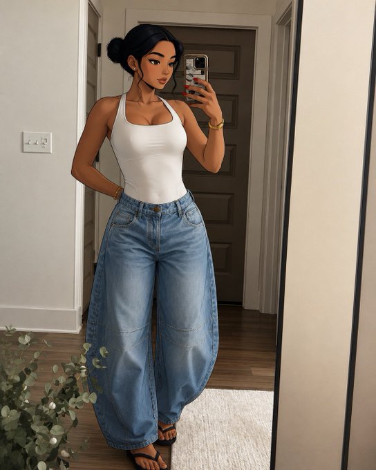 A stylized, cartoonish 3D illustration of a woman taking a mirror selfie, wearing a white tank top and baggy blue jeans, standing in a hallway.