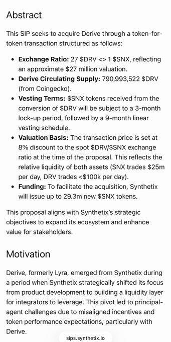 A document titled 'Abstract' and 'Motivation' details a Synthetix Improvement Proposal (SIP) to acquire Derive through a token-for-token transaction, specifying an exchange ratio of 27 DRV <> 1 SNX and a 3-month lock-up period.