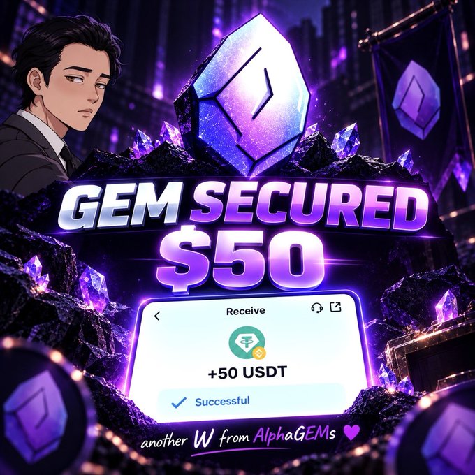 A promotional graphic reading 'GEM SECURED $50' showing a USDT receive confirmation of +50 USDT, with anime character artwork and text 'another W from AlphaGEMS'.