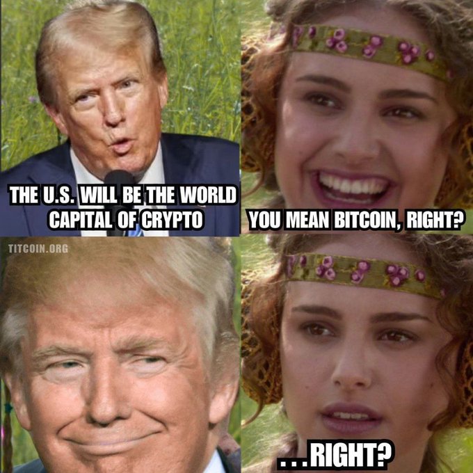 An edited meme of Donald Trump and Daisy from The Grand Budapest Hotel is split into four panels. Trump begins by saying, “The U.S. will be the world's capital of crypto.” Daisy responds mid-laugh to “You mean Bitcoin, right?” Trump then says, “Right,” but Daisy looks followed by a “… Right?” over her face, contrasting with his flat response.